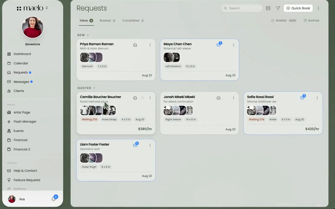 Maelo's demo artist requests inbox, showing new and quoted requests with reference photos